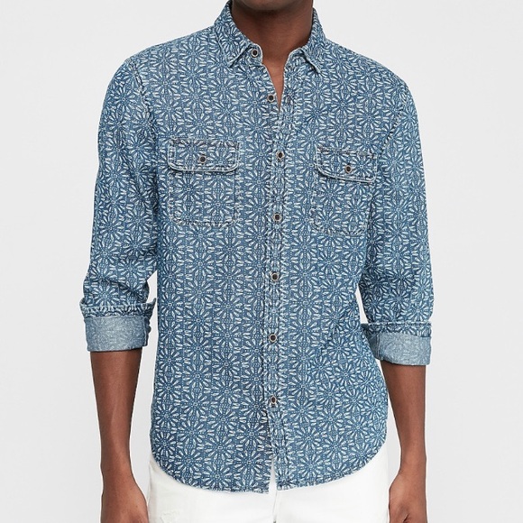 Express Blue Denim Printed Button Down Shirt - Picture 1 of 7